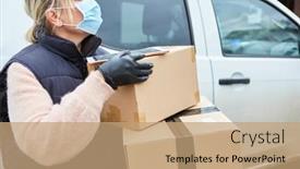  Presentation with delivery van - Presentation design consisting of parcel-delivery-woman-with-face background and a coral colored foreground