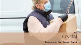  Presentation with delivery van - Beautiful PPT theme featuring parcel-delivery-woman-with-face backdrop and a coral colored foreground