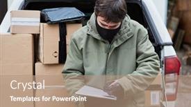  Presentation with car service - Theme with parcel-service-subcontractor-brings-parcels background and a coral colored foreground