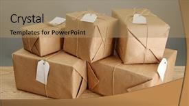  Presentation with packaging - PPT theme enhanced with parcels boxes with kraft paper background and a coral colored foreground