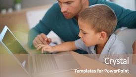  Presentation with cyber stalking computer laptop suffering - PPT theme featuring parent child - daddy with kid using laptop background and a coral colored foreground