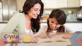  Presentation with reading table - Slide set having parent child - mother helping daughter with reading background and a coral colored foreground