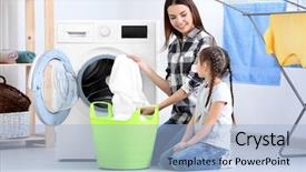  Presentation with mother doing yoga kids - Audience pleasing PPT layouts consisting of parent helper - daughter and mother doing laundry backdrop and a light blue colored foreground
