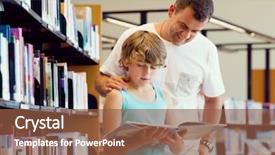 Presentation with library - Audience pleasing presentation theme consisting of parent helping child study - boy and his father backdrop and a  colored foreground