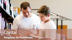  Presentation with e library - Slide set featuring parent helping child study - boy and his father background and a  colored foreground