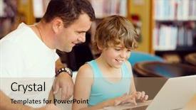  Presentation with study - Slide deck having parent helping child study - little boy and his father background and a  colored foreground