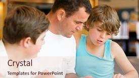  Presentation with library - Slide deck with parent student - father with sons in library background and a  colored foreground
