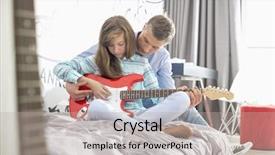  Presentation with teaching - PPT theme featuring parent support - father teaching daughter to play background and a mint green colored foreground