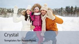  Presentation with family fashion - Slide set consisting of parenthood fashion gesture season and people concept - happy family with child in winter clothes waving hands outdoors background and a light blue colored foreground