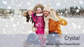 Presentation with family fashion - Colorful presentation theme enhanced with parenthood fashion gesture season and people concept - happy family with child in winter clothes waving hands outdoors backdrop and a light gray colored foreground