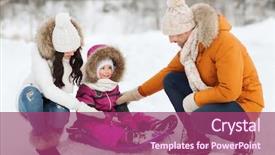  Presentation with family fashion - Slide set consisting of parenthood fashion season and people concept - happy family with child on sled walking in winter forest background and a violet colored foreground