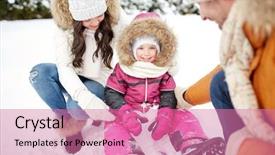  Presentation with family fashion - Theme having parenthood fashion season and people concept - happy family with sled walking in winter outdoors background and a coral colored foreground