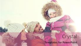  Presentation with family fashion - Slides enhanced with parenthood fashion season and people concept - happy family with child in winter clothes outdoors background and a coral colored foreground
