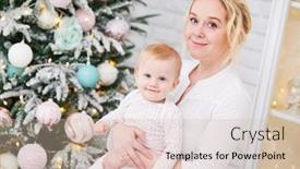  Presentation with parenting - Beautiful presentation design featuring parenting family mother and little baby in front of christmas tree backdrop and a soft green colored foreground