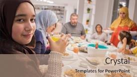  Presentation with iftar - Colorful PPT theme enhanced with parenting islamic - arabian muslim family eating iftar backdrop and a coral colored foreground