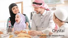  Presentation with muslim family - Cool new slide set with parenting islamic - happy muslim family having breakfast backdrop and a soft green colored foreground
