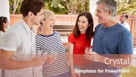  Presentation with children parents - PPT layouts enhanced with parents and adult children standing with drinks in garden background and a coral colored foreground