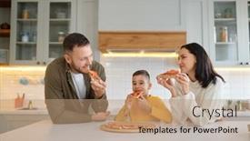  Presentation with living room - Presentation design featuring parents-and-child-eating-pizza background and a coral colored foreground