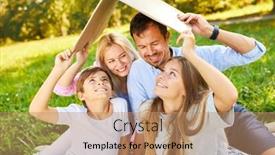  Presentation with ownership - PPT theme with parents-and-children-hold-roof background and a  colored foreground