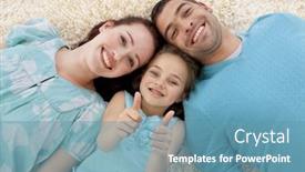  Presentation with heads - Presentation theme having parents and little girl lying on floor with heads together and thumbs up background and a teal colored foreground
