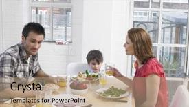  Presentation with dining table - Theme enhanced with parents and son having meal at dining table in kitchen background and a coral colored foreground