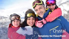  Presentation with ski - Audience pleasing slide deck consisting of parents giving piggyback ride to kids on ski slope backdrop and a ocean colored foreground