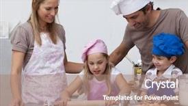  Presentation with baking cookies - PPT theme consisting of parents helping children baking cookies in the kitchen background and a coral colored foreground