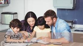  Presentation with children parents - Beautiful PPT theme featuring parents helping children in doing backdrop and a coral colored foreground