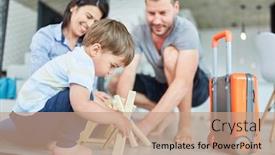  Presentation with campfire - PPT theme enhanced with parents-helping-toddler-build-campfire background and a coral colored foreground