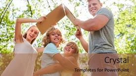  Presentation with parent and children - Cool new presentation theme with parents hold umbrella over children backdrop and a coral colored foreground