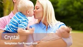  Presentation with children parents - Slide deck featuring parents holding young children in garden background and a coral colored foreground