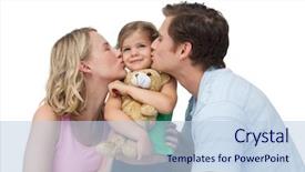  Presentation with parents - Cool new presentation design with teddy bear happy family - parents kissing their little girl backdrop and a light blue colored foreground