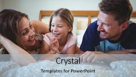  Presentation with album - Presentation consisting of parents lying with daughter on bed and looking at photo album at home background and a light blue colored foreground