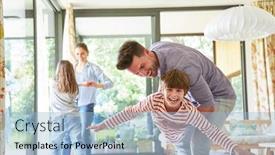  Presentation with play children - Amazing PPT theme having parents-play-and-romp backdrop and a light blue colored foreground