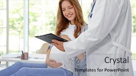  Presentation with doctor visiting family - Presentation theme enhanced with parents pressure - pregnant young woman visiting doctor background and a  colored foreground