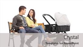  Presentation with new parents baby and dr - Slide deck having parents sitting on a bench background and a light gray colored foreground