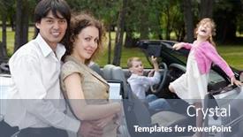  Presentation with play children - Beautiful presentation theme featuring parents stand near cabriolet slightly embraced children play in the car and shout something loudly backdrop and a gray colored foreground
