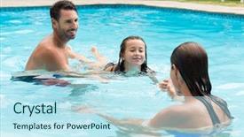  Presentation with swim - Beautiful PPT theme featuring parents teaching daughter how to swim little girl learning to swim with her mother and dad young family with daughter having fun in swimming pool backdrop and a sky blue colored foreground