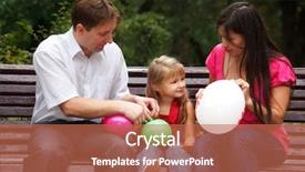  Presentation with parents - Theme with parents together with daughter on bench in park in afternoon in hands multi colored balloons background and a coral colored foreground