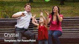  Presentation with parents - Audience pleasing theme consisting of parents together with daughter on bench in park in afternoon play with green balloon backdrop and a wine colored foreground
