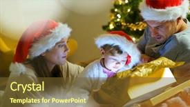  Presentation with baby celebration - Slide set consisting of parents with baby girl opening gift on christmas celebration background and a tawny brown colored foreground