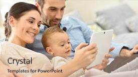  Presentation with using digital tablet - Amazing PPT theme having parents with baby girl backdrop and a lemonade colored foreground