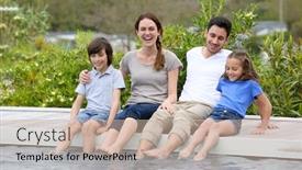  Presentation with children parents - Beautiful slides featuring parents with children relaxing by the pool backdrop and a mint green colored foreground