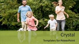  Presentation with children running - Amazing slide set having parents with dog as family backdrop and a yellow colored foreground