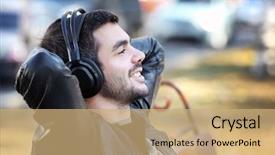  Presentation with man sitting bench - Slide set enhanced with park and listening to music background and a coral colored foreground