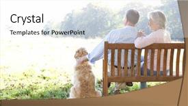  Presentation with active seniors senior couple - Presentation enhanced with park bench - senior couple outdoors with dog background and a white colored foreground