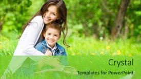  Presentation with mom and newborn - Slide deck having park concept of happy family background and a seafoam green colored foreground