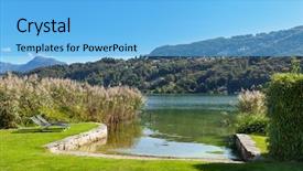  Presentation with property - Slide deck with park of a property on the lake two sunbeds background and a light blue colored foreground