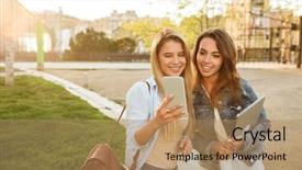  Presentation with happy image - PPT theme having park outdoors holding laptop computer background and a coral colored foreground