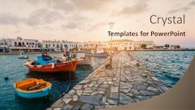  Presentation with dock - PPT theme featuring parked boats at the dock in mykonos greece background and a lemonade colored foreground